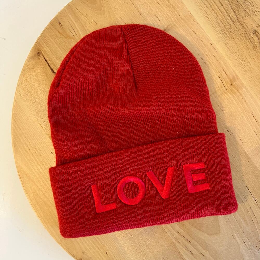 LOVE Red Knit Acrylic Embroidered Beanie Hat Unisex One Size